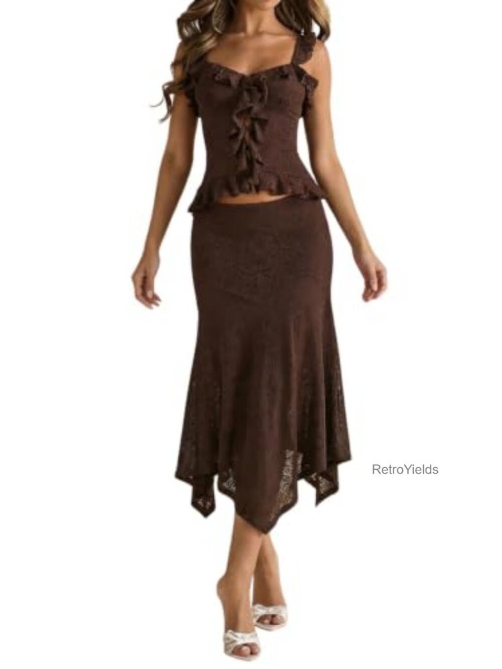 Boho Floral Lace Ruffle Midi Skirt Slim Fit Low Rise